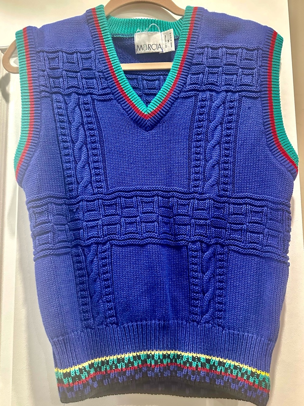Marcia Cable Knit V-Neck Sweater Vest with Contrast Trim